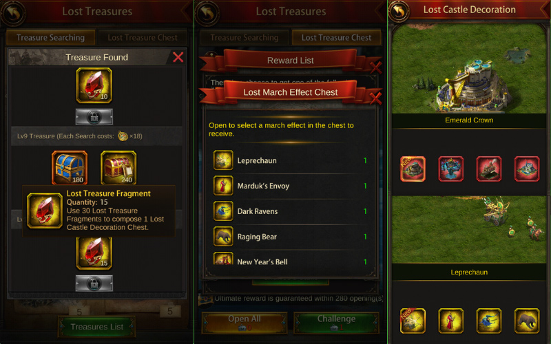 Evony 2026 St. Patricks Day Lost Treasure Event Castle Emerald Crown and March Effect Leprechaun